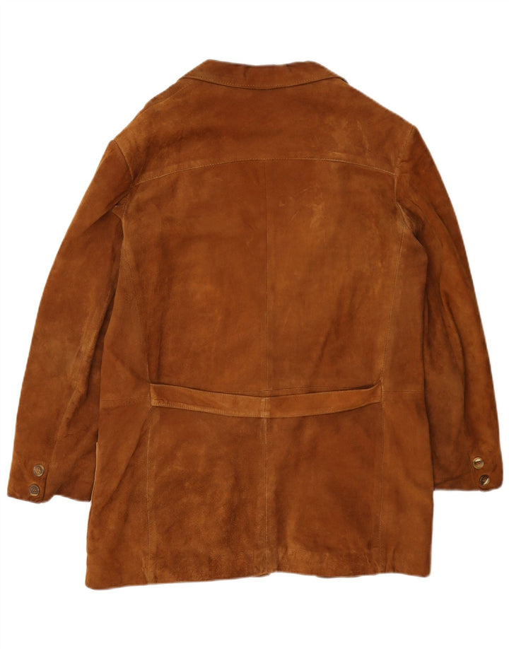 Giacca blazer vintage in pelle scamosciata da donna a 2 bottoni UK 14 Marrone medio