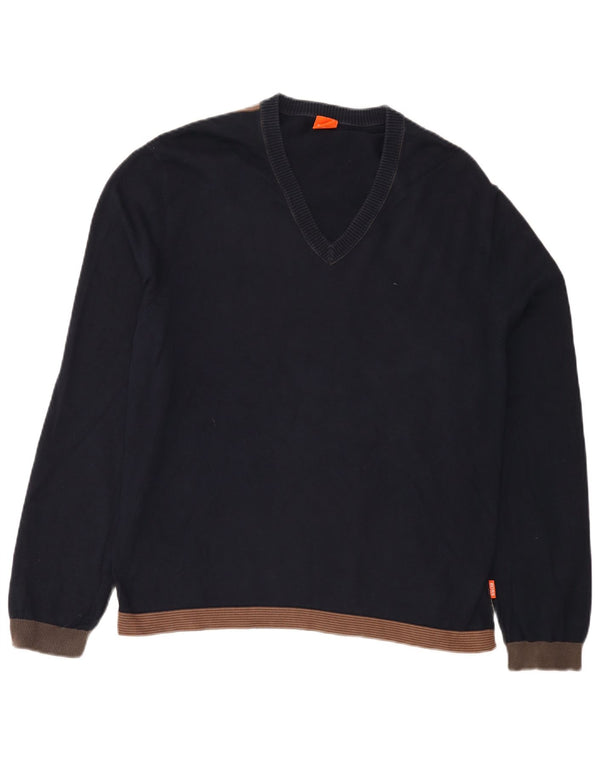 Hugo Boss Maglione da uomo con scollo a V XL in cotone color block blu navy