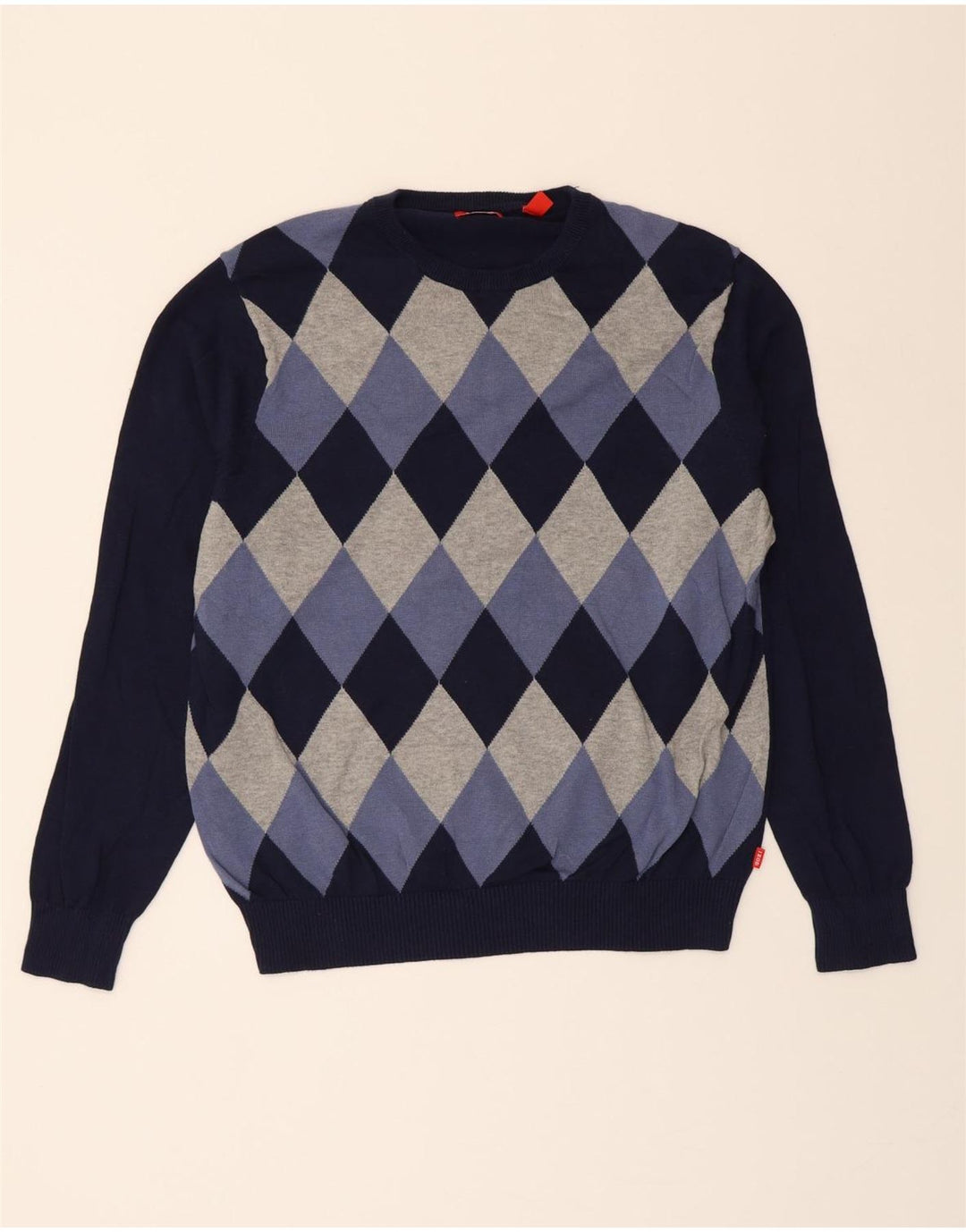 IZOD Mens Crew Neck Jumper Sweater Medium Navy Blue Argyle/Diamond Cotton Vintage Izod and Second-Hand Izod from Messina Hembry 