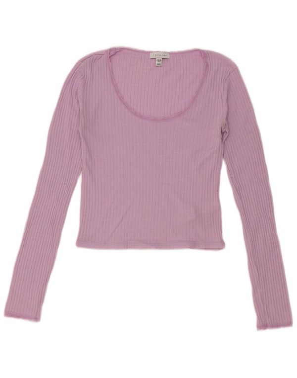 Topshop Donna Crop Top Manica Lunga UK 10 Piccolo Cotone Rosa