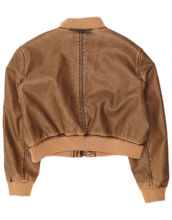 Giubbotto bomber vintage in ecopelle corta da donna UK 14 marrone medio