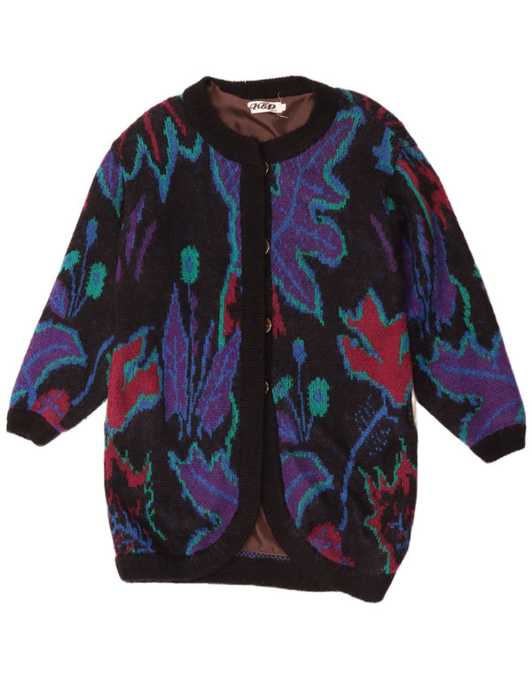 Maglione cardigan lungo da donna vintage UK 18 XL nero floreale