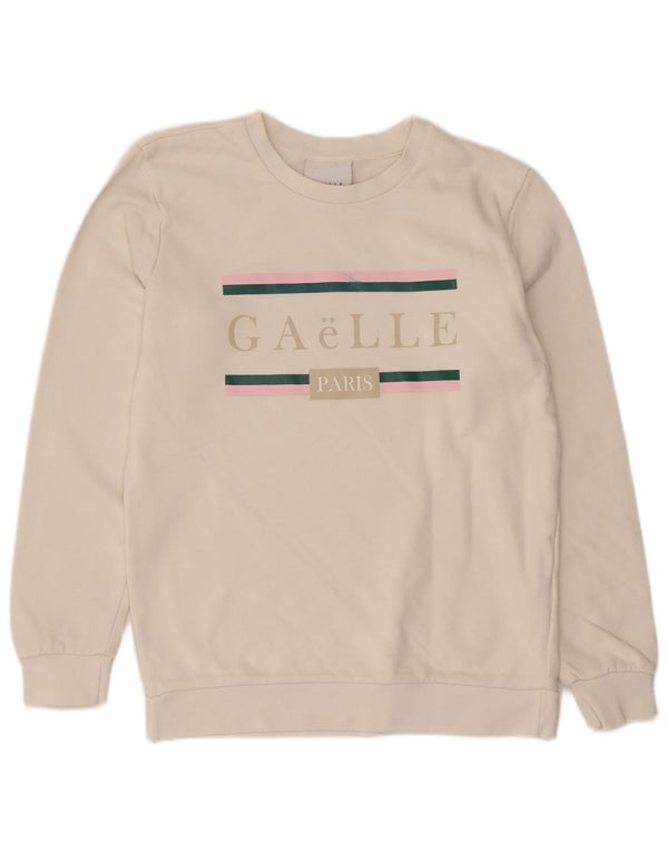 Felpa grafica da donna Gaelle Maglione UK 14 Cotone bianco medio