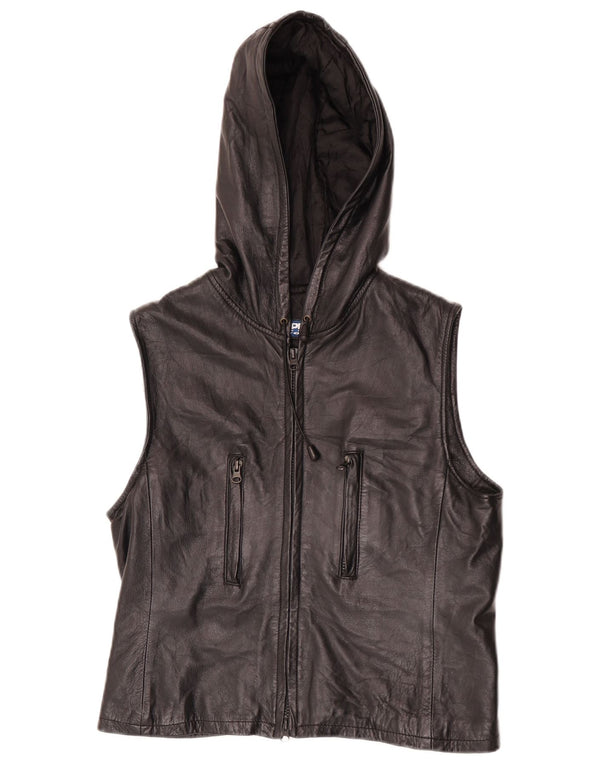Vintage Womens Crop Hooded Leather Gilet UK 14 Large Black Leather