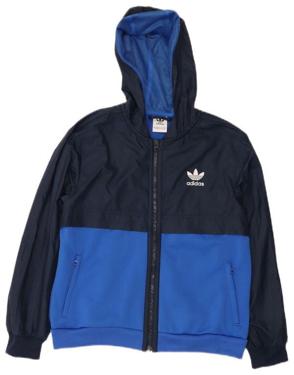 Adidas Boys Hooded Tracksuit Top Jacket 10-11 Years Navy Blue Colourblock