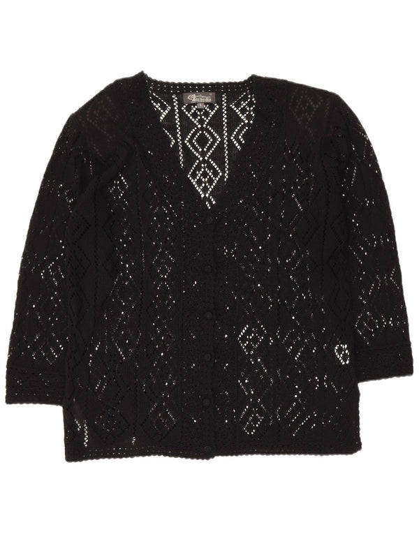 Maglione cardigan all'uncinetto con maniche a 3/4 vintage da donna UK 16 grande cotone nero