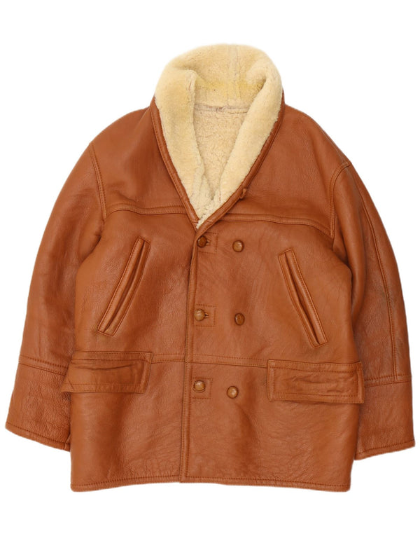 Giacca vintage in montone doppio petto da uomo IT 54 2XL Marrone