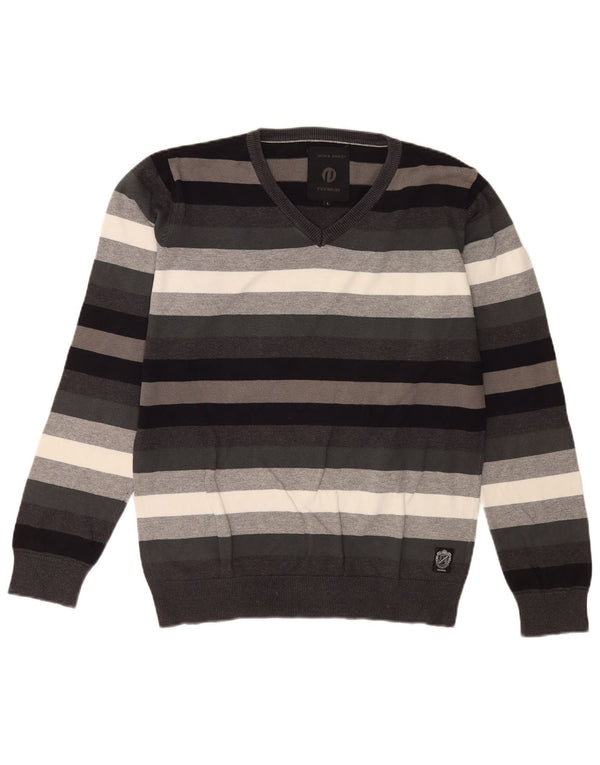 Jack & Jones Maglione da uomo con scollo a V a righe grandi grigie
