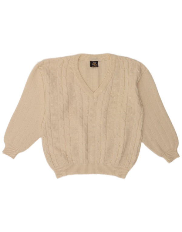 Maglione vintage da uomo con scollo a V vestibilità regolare medio bianco sporco classico