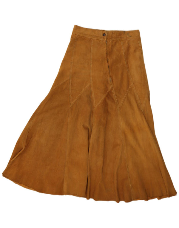 Gonna svasata vintage da donna in pelle scamosciata W26 piccola marrone