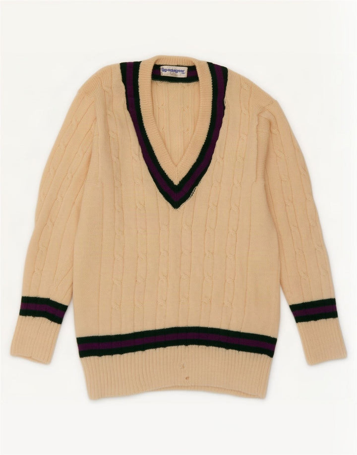 Maglione vintage da uomo con scollo a V piccolo color block beige
