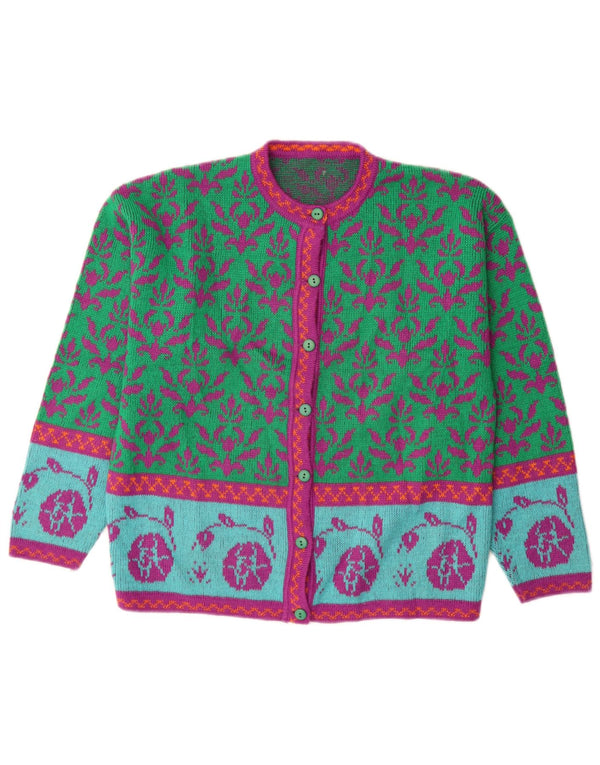 Maglione cardigan da donna VINTAGE UK 14 Lana floreale verde medio