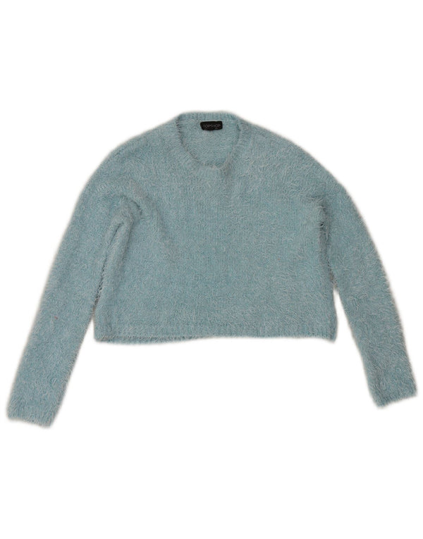 Maglione maglione girocollo corto da donna Topshop UK 8 piccolo poliestere blu