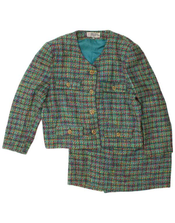 Set gonna 2 pezzi da donna a 4 bottoni VINTAGE IT 48 XL W32 lana a quadri verdi