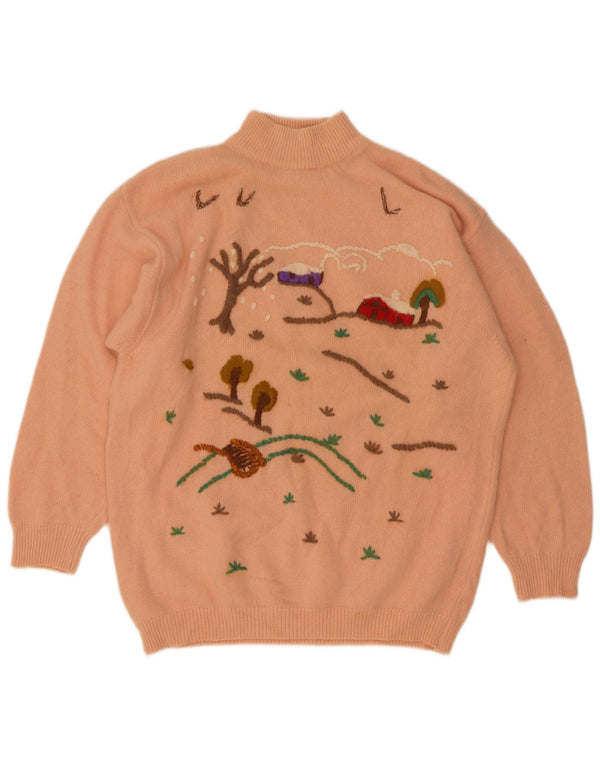 Maglione da donna vintage con collo a tartaruga grafico UK 16 Grande motivo floreale rosa