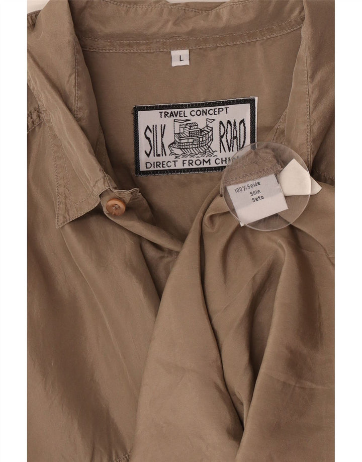 Camicia vintage da uomo a maniche corte grande in seta marrone