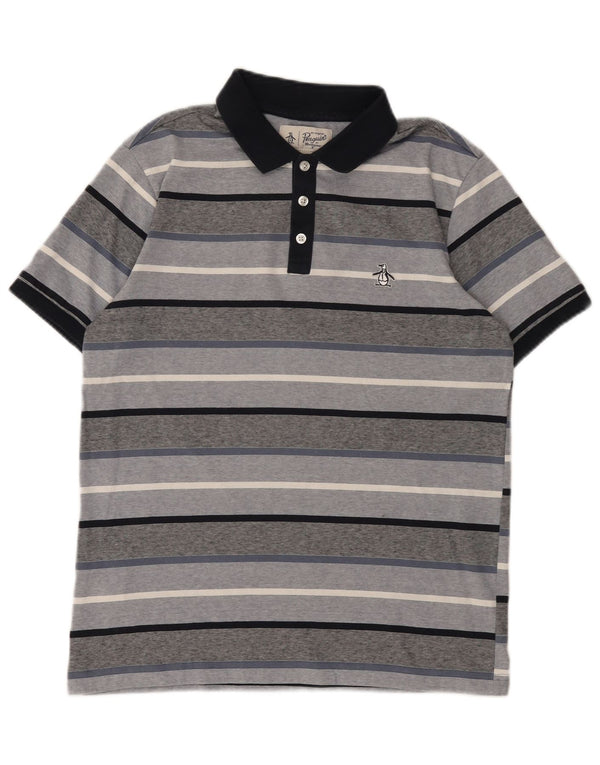 Polo da uomo Penguin in cotone a righe grigio medio