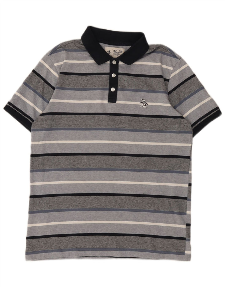 Polo da uomo Penguin in cotone a righe grigio medio
