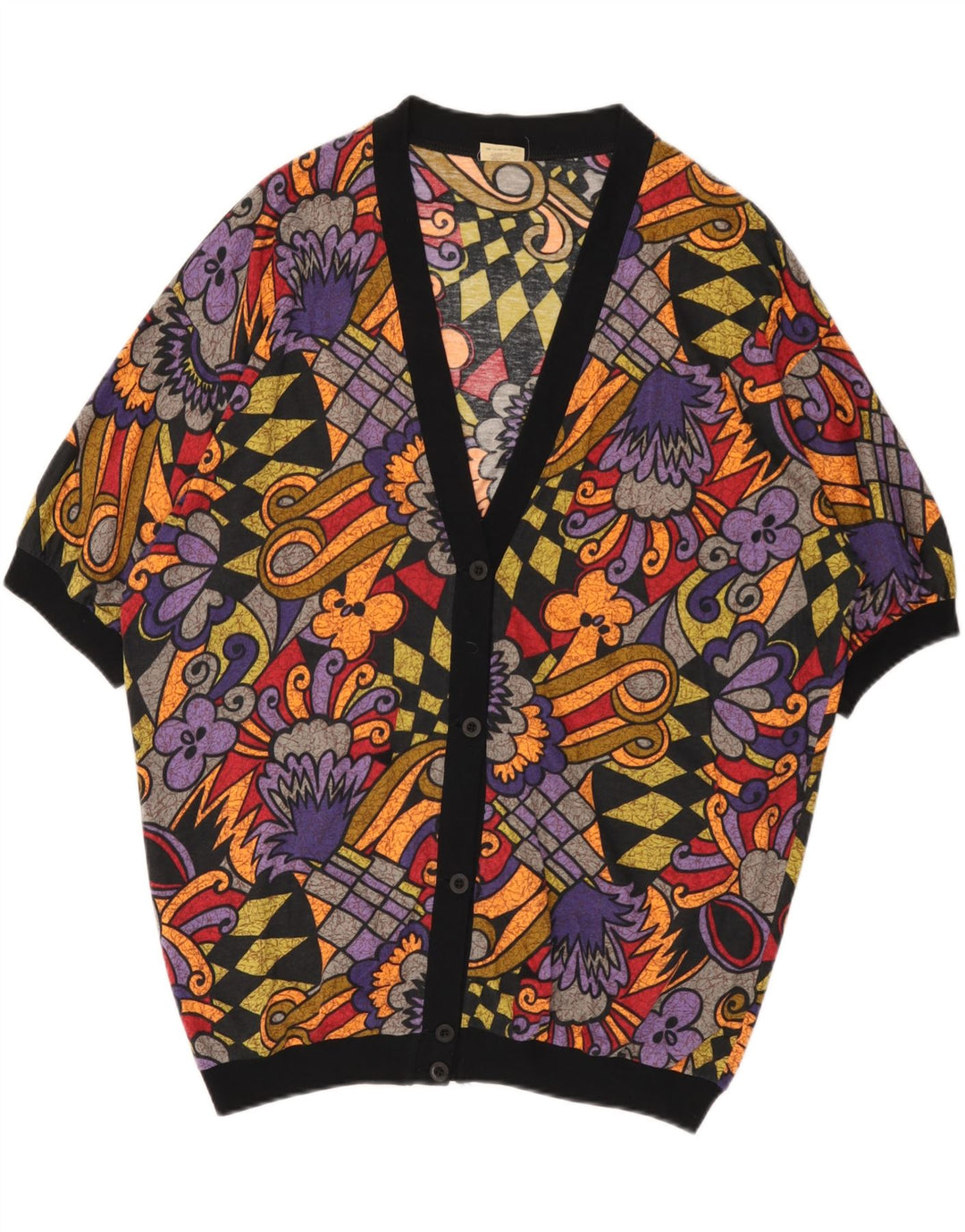 Top cardigan oversize da donna vintage UK 16 grande motivo geometrico multicolore