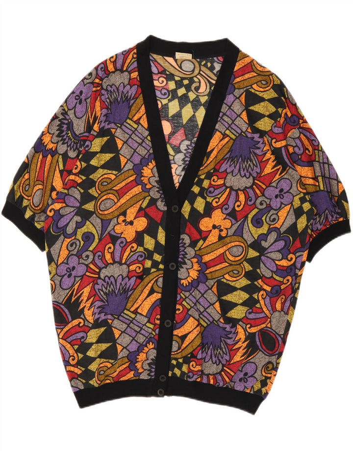 Top cardigan oversize da donna vintage UK 16 grande motivo geometrico multicolore