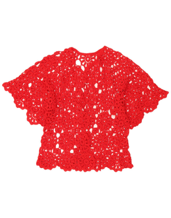 Top cardigan all'uncinetto a maniche corte da donna VINTAGE UK 12 rosso medio floreale