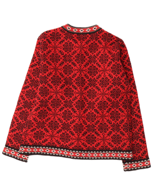 L.L.Bean Womens Cardigan Sweater UK 14 Medium Red Fair Isle Wool