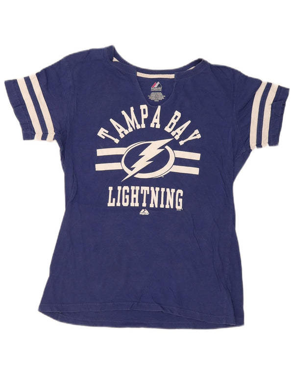 T-shirt grafica da donna Majestic Top UK 14 cotone medio blu navy