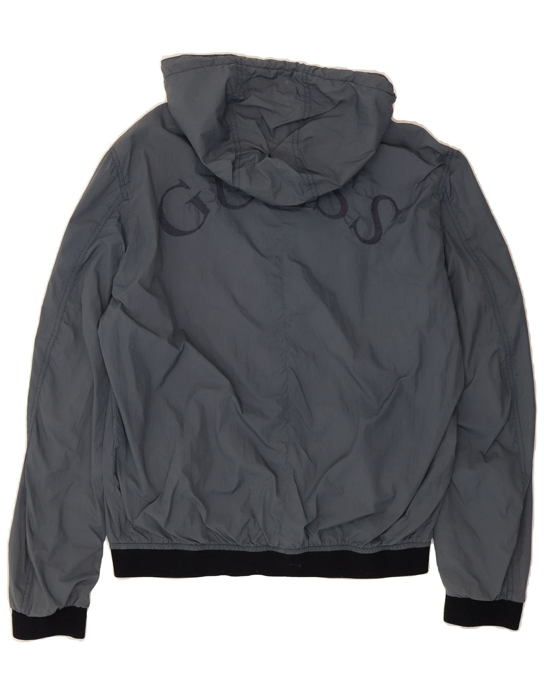 GUESS Mens Graphic Hooded Bomber Jacket UK 40 Large Grey Polyester Vintage Guess and Second-Hand Guess from Messina Hembry 