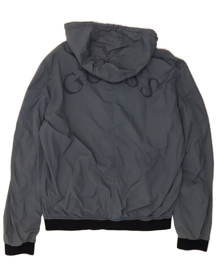 GUESS Mens Graphic Hooded Bomber Jacket UK 40 Large Grey Polyester Vintage Guess and Second-Hand Guess from Messina Hembry 