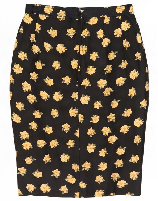 Vintage Womens Pencil Skirt Small W26 Black Floral Silk