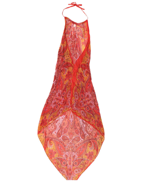 Abito asimmetrico vintage da donna con scollo all'americana UK 8 piccolo seta cachemire rossa