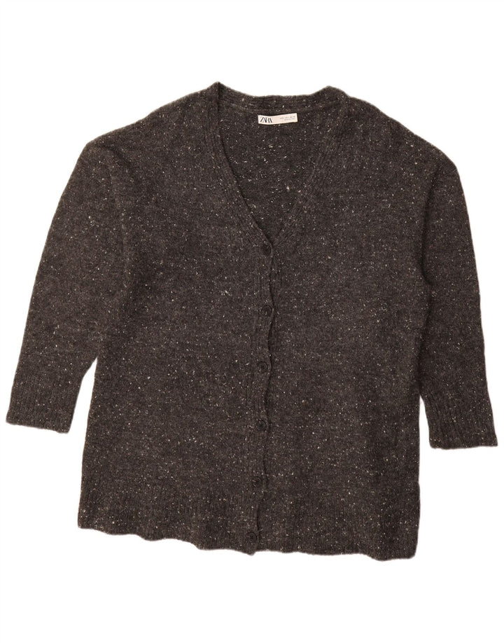 Maglione cardigan lungo da donna ZARA UK 16 Grande acrilico chiazzato grigio