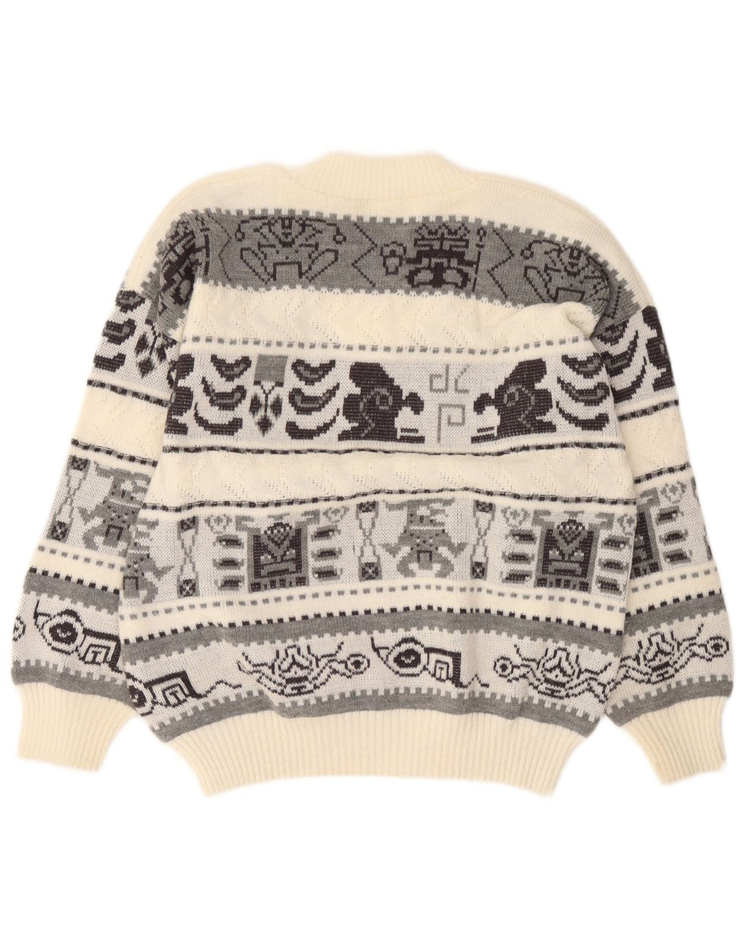 Maglione vintage da uomo con scollo a V, grande, bianco sporco, geometrico