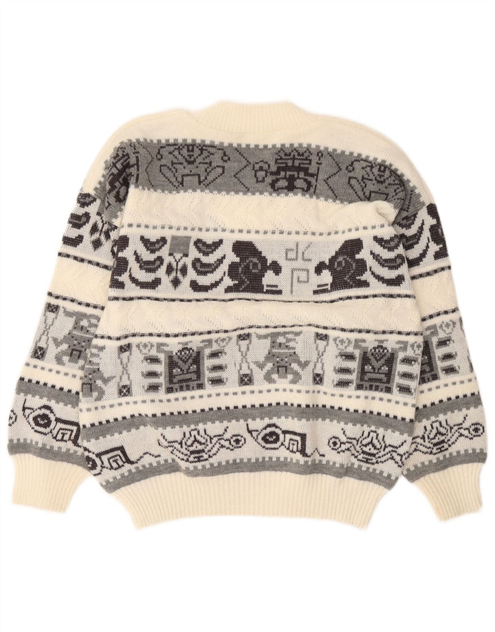 Maglione vintage da uomo con scollo a V, grande, bianco sporco, geometrico