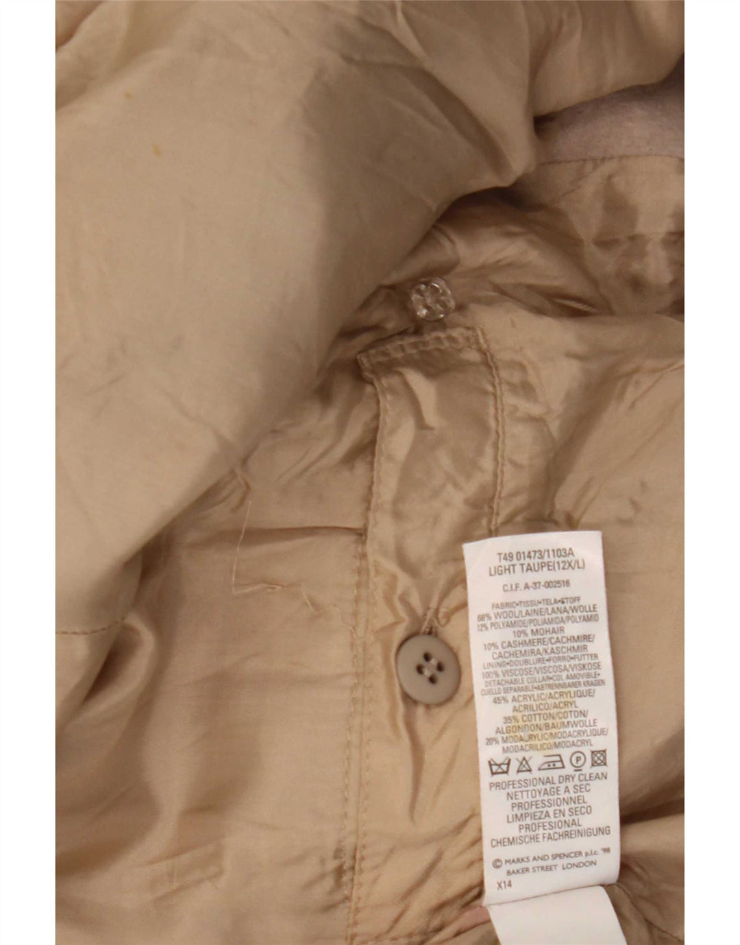 Cappotto doppiopetto da donna Marks & Spencer UK 12 Lana beige medio