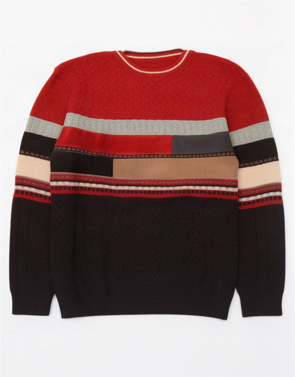 Maglione maglione girocollo da uomo vintage IT 52 grande lana color block rosso
