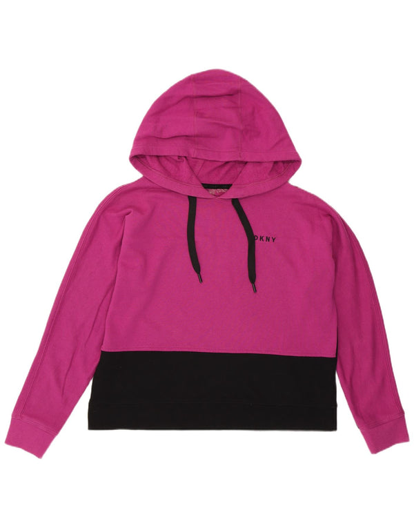 Maglione con cappuccio corto grafico da donna DKNY UK 14 blocco colore rosa medio