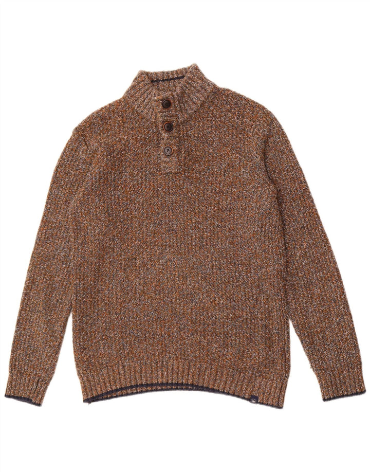 Maglione da uomo con collo abbottonato Fat Face in cotone screziato marrone medio