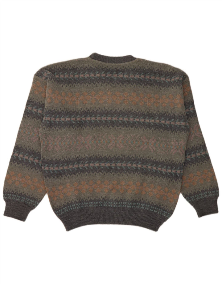 Maglione girocollo da uomo vintage in lana Fair Isle grigia grande