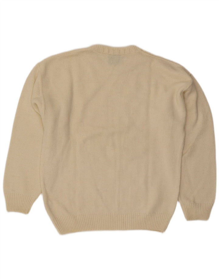 Maglione girocollo da uomo vintage, grande, in lana a rombi/diamante bianco sporco