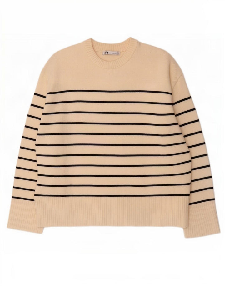 Maglione maglione girocollo da donna Zara UK 14 medio a righe bianco sporco