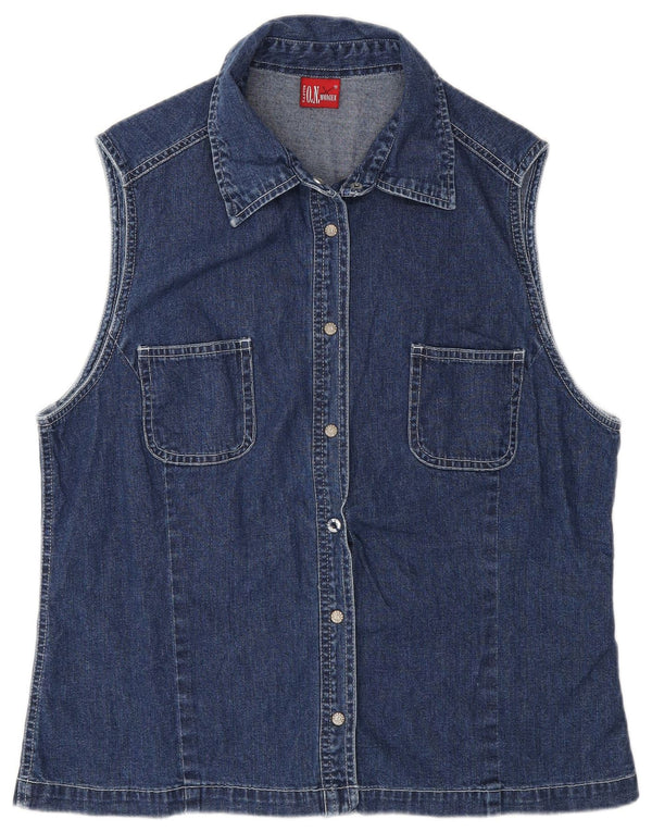 Camicia di jeans senza maniche vintage da donna UK 20 2XL cotone blu