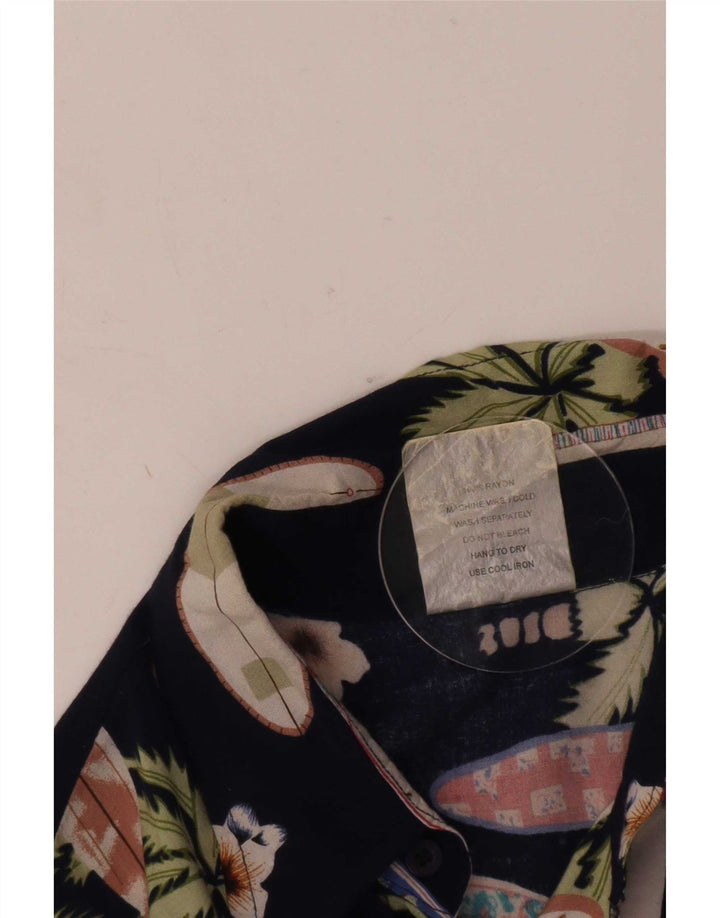 Camicia a maniche corte vintage da uomo con motivo astratto, grande in rayon blu navy