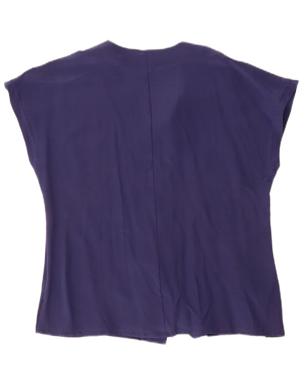 Camicetta a maniche corte ampia da donna vintage UK 10 piccola seta blu navy