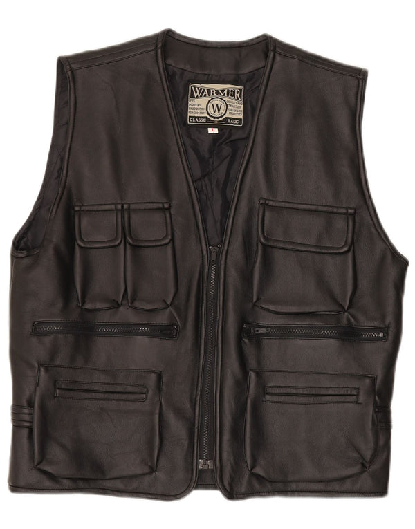 Gilet in pelle vintage da donna UK 16 grande nero