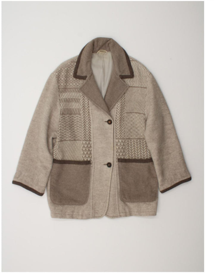 Cappotto vintage da donna dal taglio ampio UK 8 piccolo in lana geometrica beige