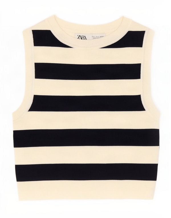 Canotta corta da donna Zara UK 12 Viscosa a righe beige medio