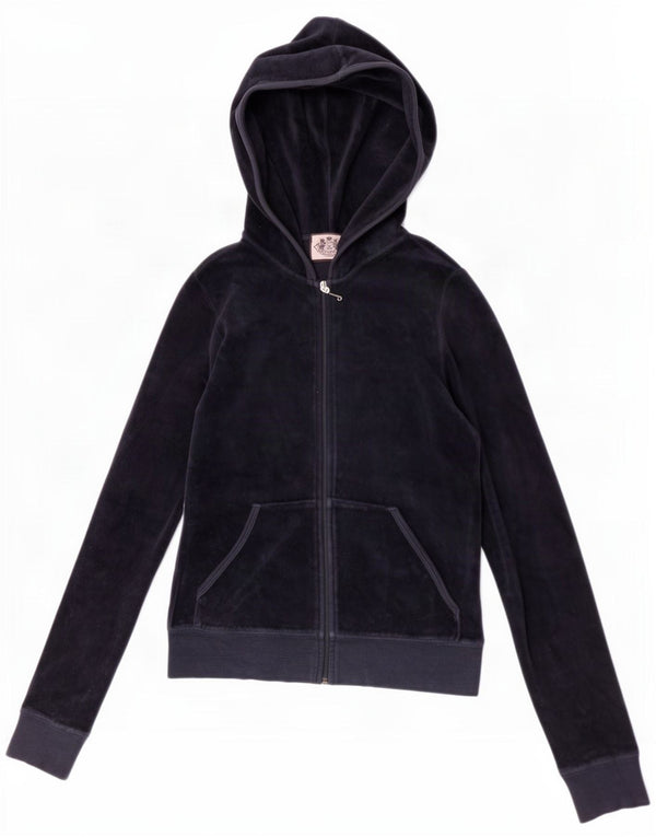 Juicy Couture Felpa con cappuccio e zip in velluto da donna UK 8 Small Blu navy Cotone