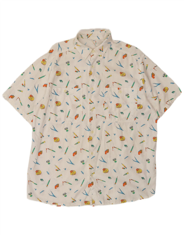 Camicia a maniche corte grafica vintage da uomo grande in cotone bianco