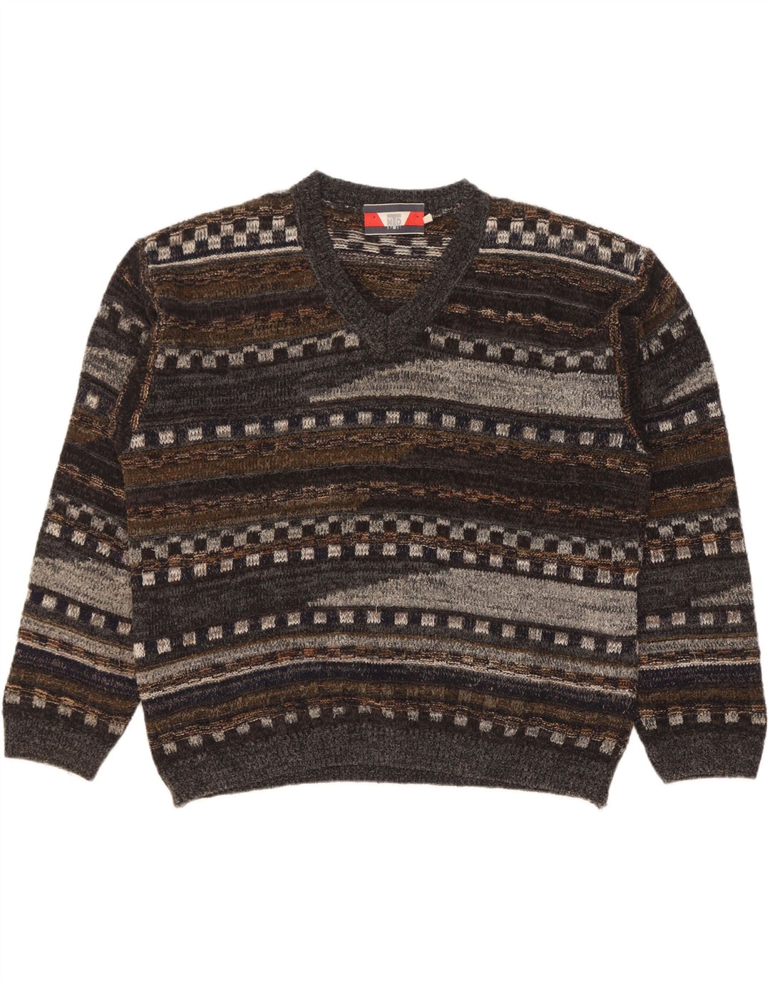 Maglione vintage da uomo con scollo a V, grande lana geometrica grigia